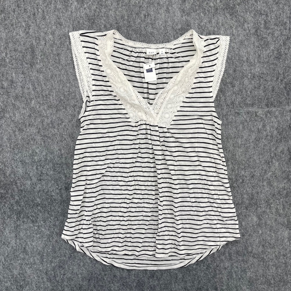 Gap Blouse Top Womens Small Black White Striped Lace Trim Sleeveless V-Neck New